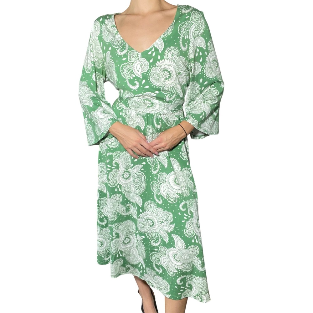 BODEN Quiet Luxury Green Paisley Trumpet Sleeve Tie Waist Midi Dress Soft Girl - Picture 12 of 14